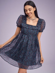 Floral Print Overlay Puff Sleeve Ruffle Square Collar Dress