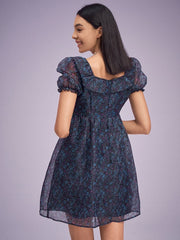 Floral Print Overlay Puff Sleeve Ruffle Square Collar Dress