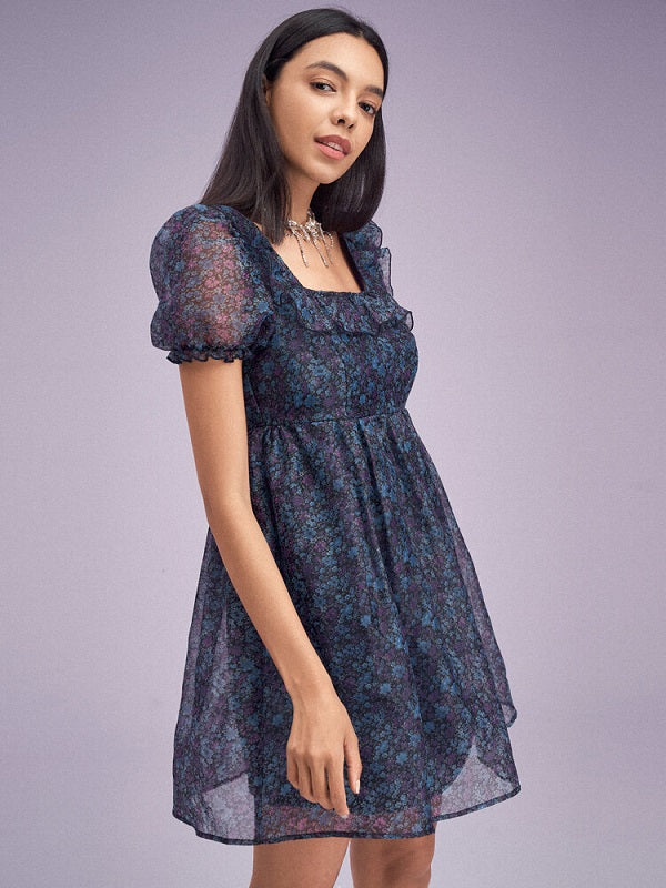 Floral Print Overlay Puff Sleeve Ruffle Square Collar Dress