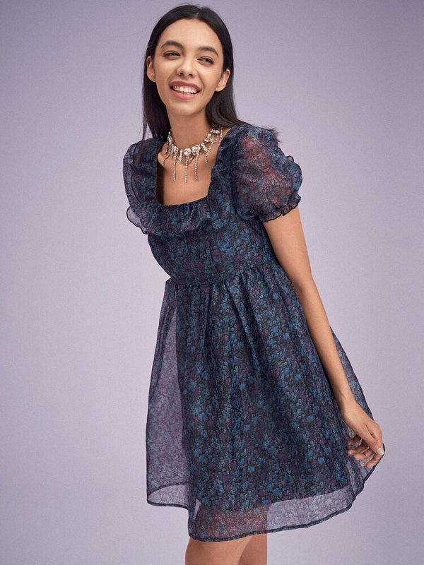 Floral Print Overlay Puff Sleeve Ruffle Square Collar Dress