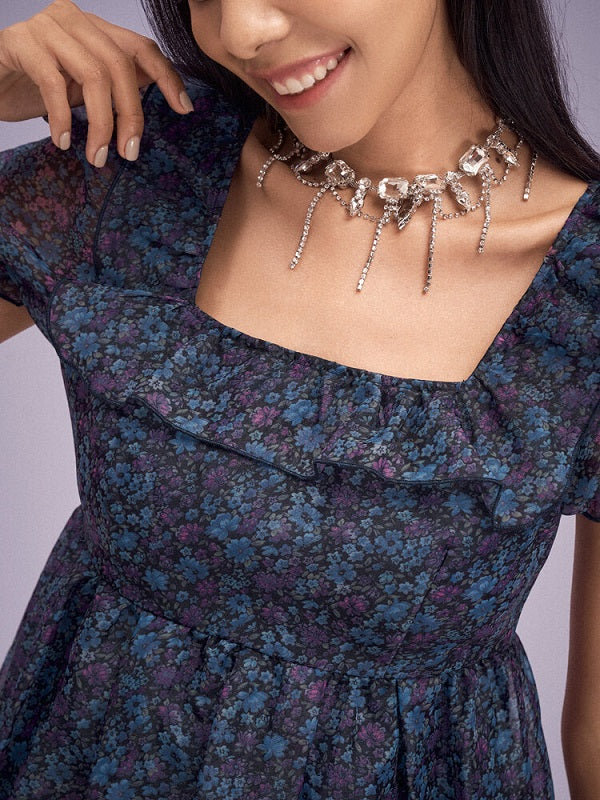 Floral Print Overlay Puff Sleeve Ruffle Square Collar Dress