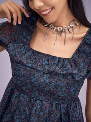 Floral Print Overlay Puff Sleeve Ruffle Square Collar Dress