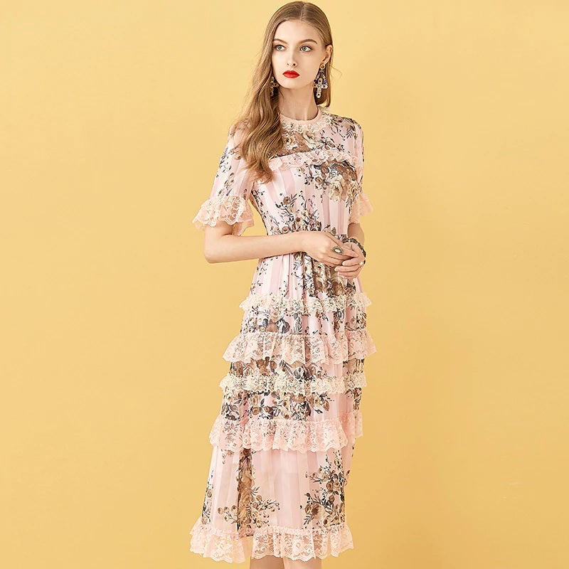 Floral Print Patchwork Elegant Chiffon Dresses