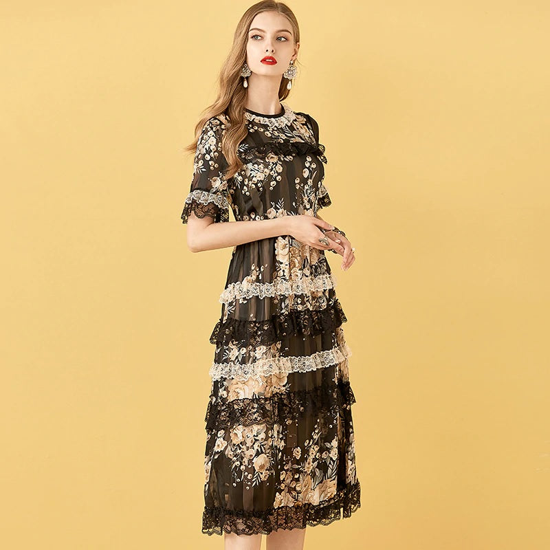 Floral Print Patchwork Elegant Chiffon Dresses