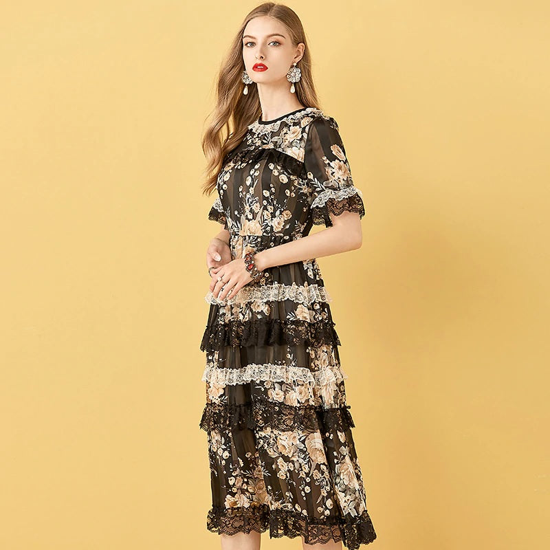 Floral Print Patchwork Elegant Chiffon Dresses