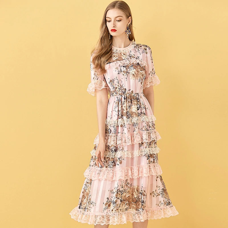 Floral Print Patchwork Elegant Chiffon Dresses