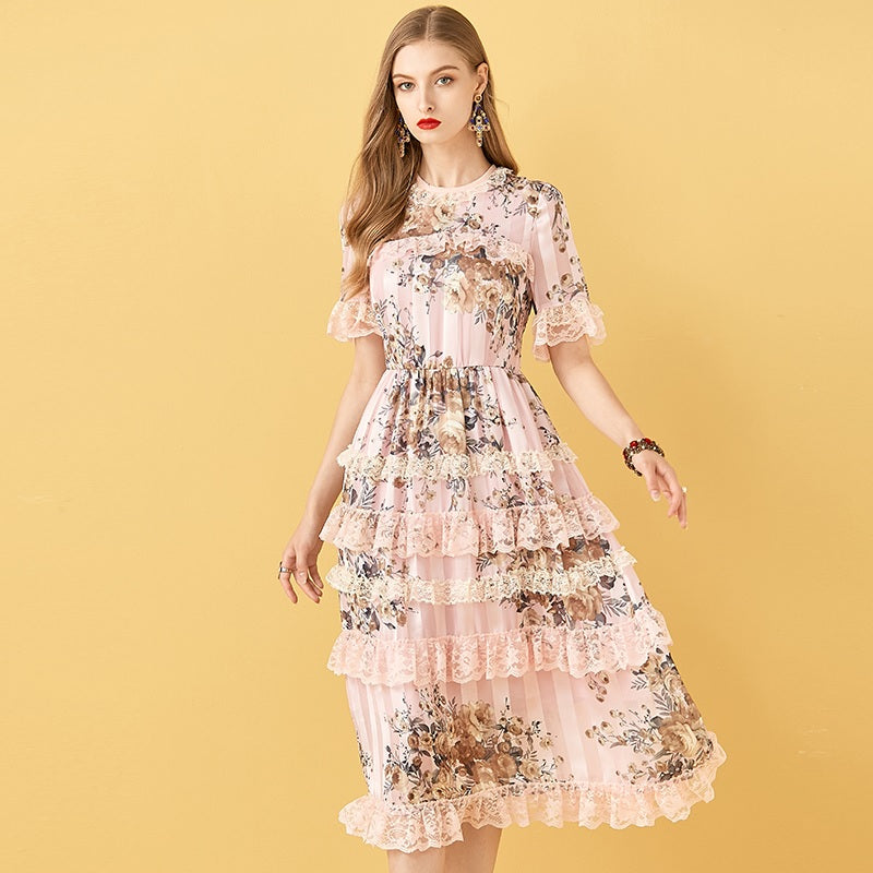 Floral Print Patchwork Elegant Chiffon Dresses
