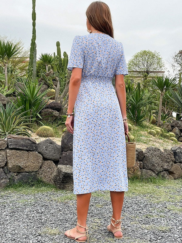 Floral Print Polyester Classic V-Neck Midi Dress