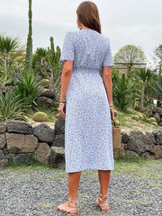 Floral Print Polyester Classic V-Neck Midi Dress