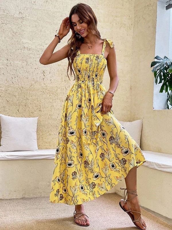 Floral Print Polyester Lace Up Beach Dress