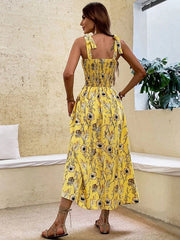 Floral Print Polyester Lace Up Beach Dress