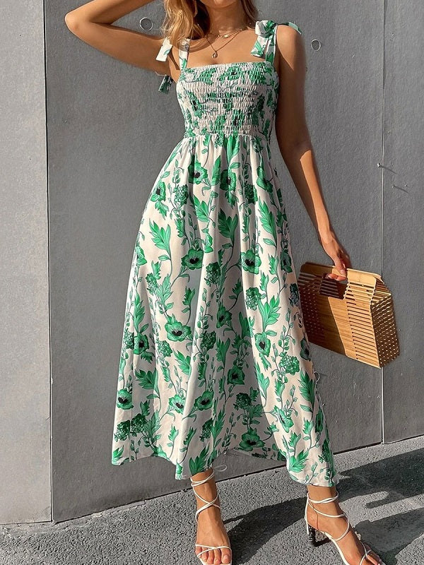 Floral Print Polyester Lace Up Beach Dress