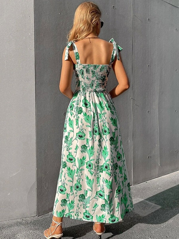 Floral Print Polyester Lace Up Beach Dress