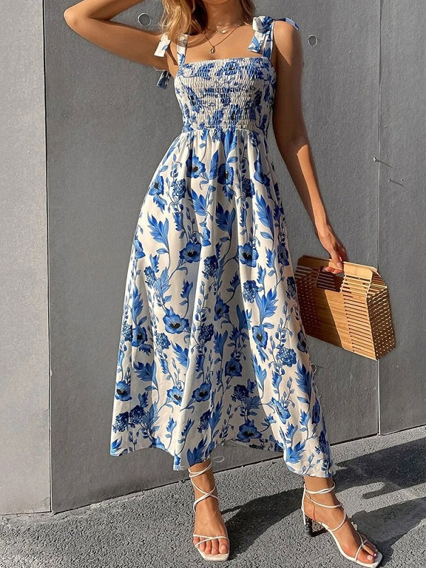 Floral Print Polyester Lace Up Beach Dress