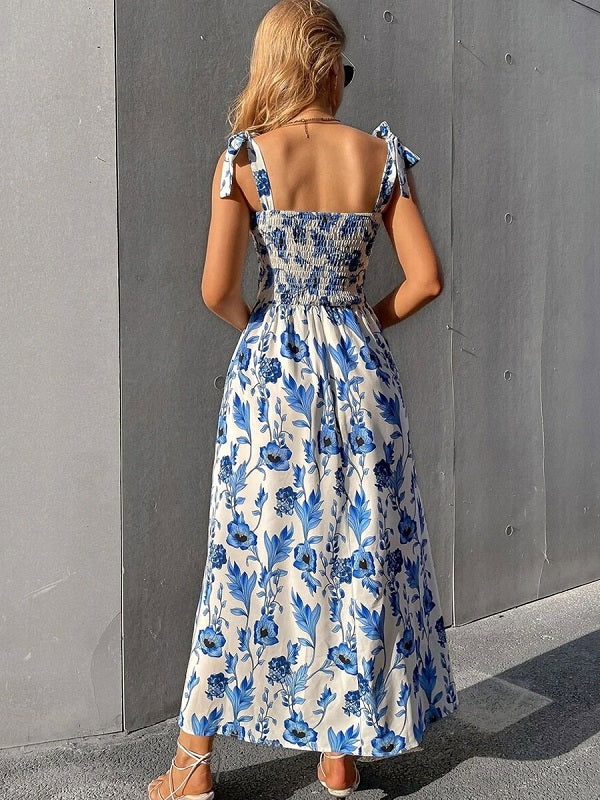 Floral Print Polyester Lace Up Beach Dress