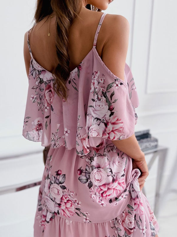 Floral Print Polyester Straps Neck Dress