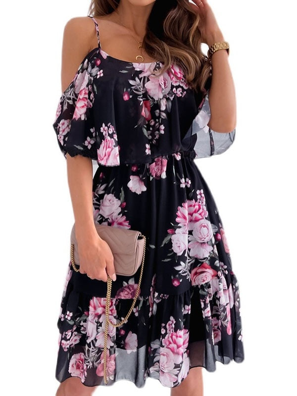Floral Print Polyester Straps Neck Dress