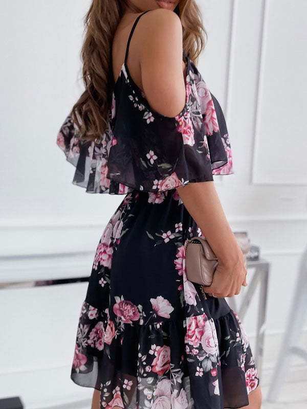 Floral Print Polyester Straps Neck Dress