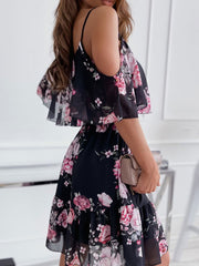 Floral Print Polyester Straps Neck Dress