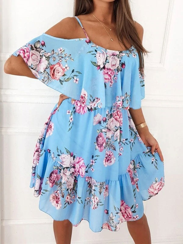 Floral Print Polyester Straps Neck Dress