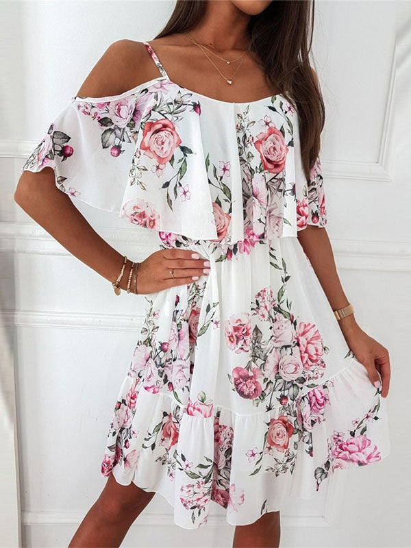 Floral Print Polyester Straps Neck Dress