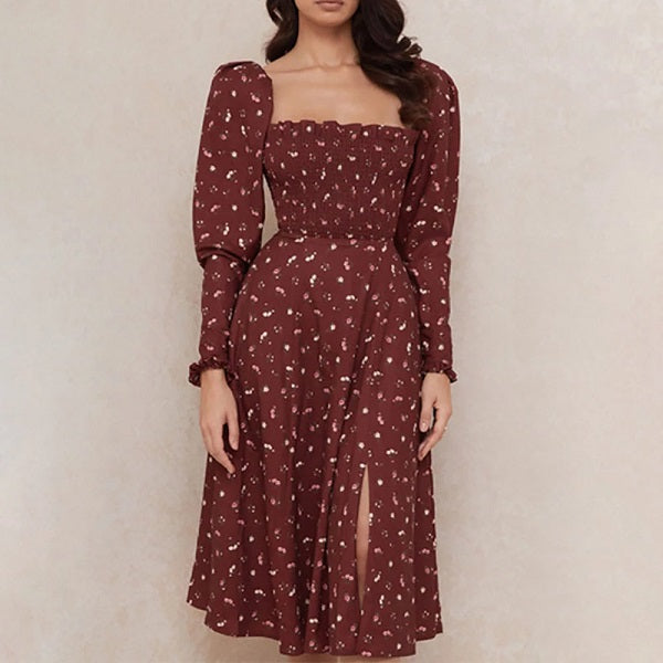 Floral Print Puff Long Sleeve Midi Dress