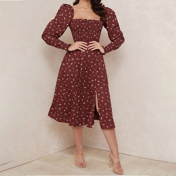 Floral Print Puff Long Sleeve Midi Dress