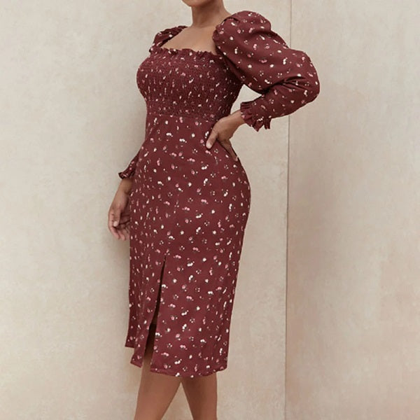 Floral Print Puff Long Sleeve Midi Dress