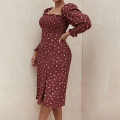 Floral Print Puff Long Sleeve Midi Dress