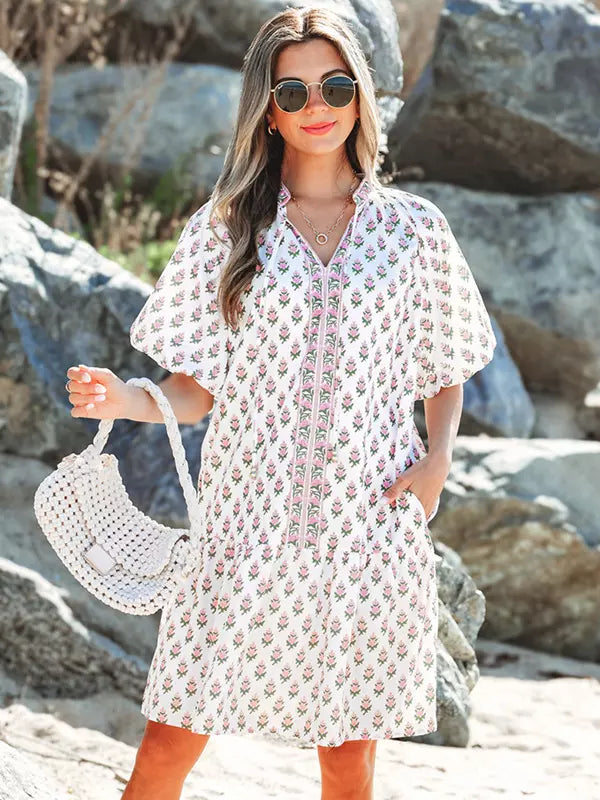 Floral Print Puff Short Sleeve Street Wear Beach Shift Dress