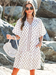 Floral Print Puff Short Sleeve Street Wear Beach Shift Dress