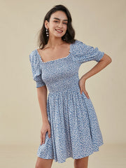 Floral Print Puff Sleeve Shirred Square Collar Dress
