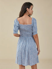 Floral Print Puff Sleeve Shirred Square Collar Dress
