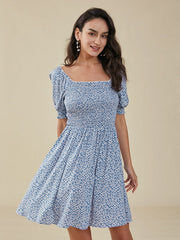 Floral Print Puff Sleeve Shirred Square Collar Dress