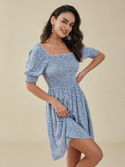 Floral Print Puff Sleeve Shirred Square Collar Dress
