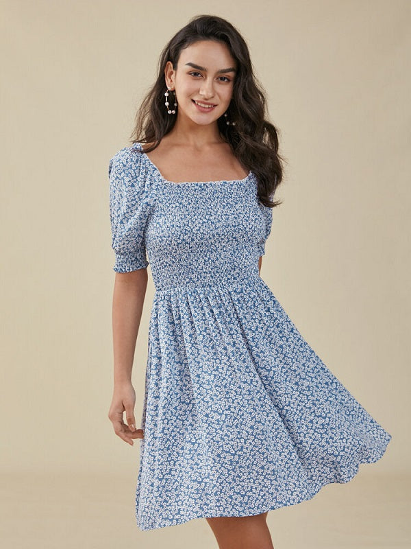 Floral Print Puff Sleeve Shirred Square Collar Dress