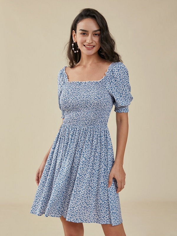 Floral Print Puff Sleeve Shirred Square Collar Dress