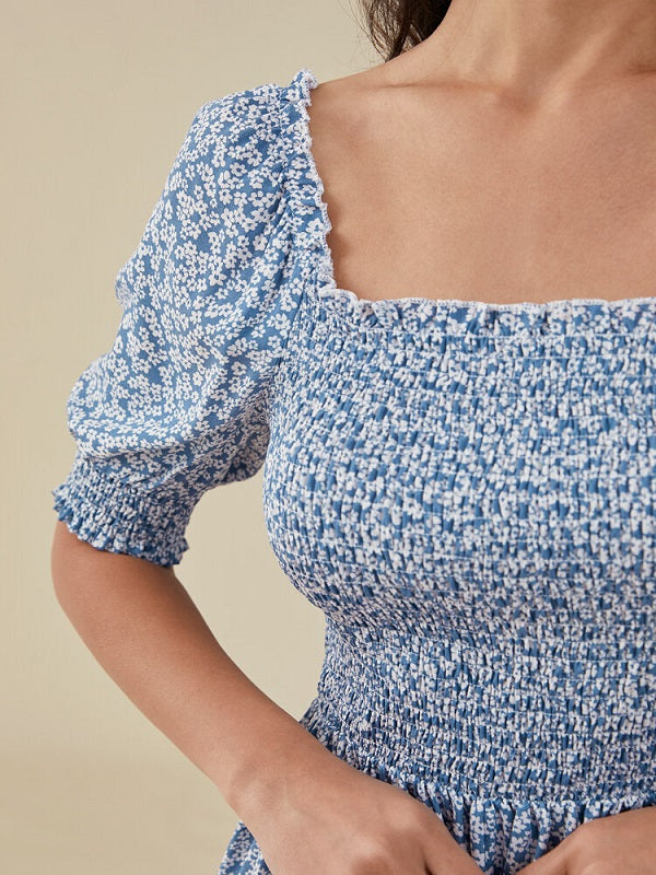 Floral Print Puff Sleeve Shirred Square Collar Dress