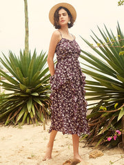 Floral Print Ruched Ruffle Strap Open Back Midi Dress