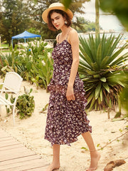 Floral Print Ruched Ruffle Strap Open Back Midi Dress