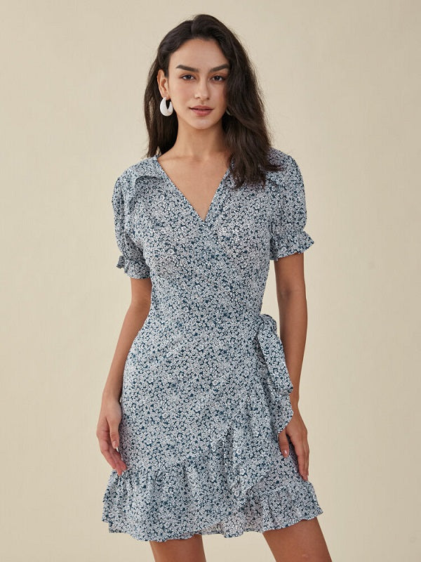 Floral Print Ruffle Knotted Puff Sleeve V-neck Dress