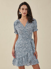 Floral Print Ruffle Knotted Puff Sleeve V-neck Dress