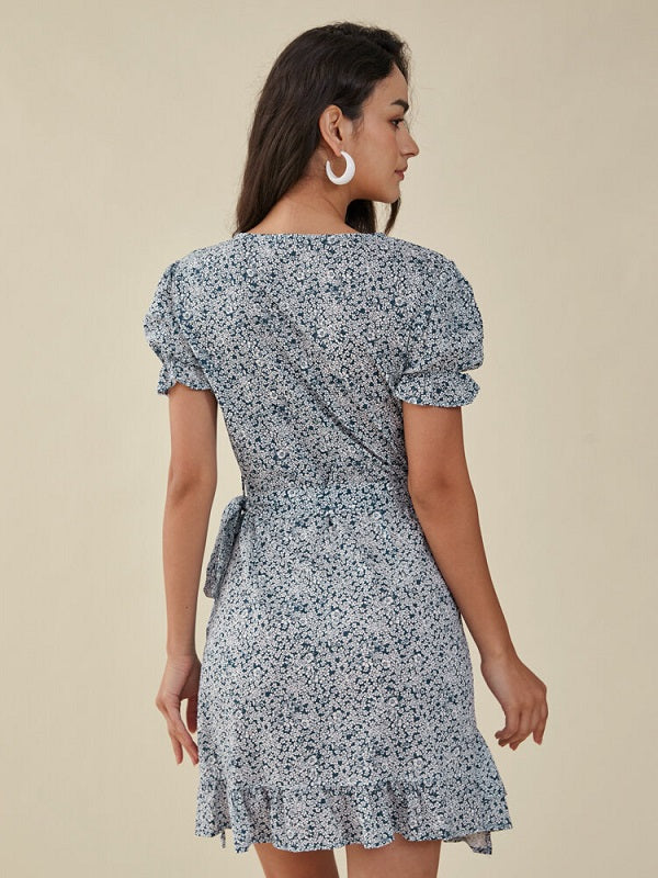 Floral Print Ruffle Knotted Puff Sleeve V-neck Dress