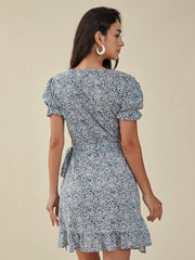 Floral Print Ruffle Knotted Puff Sleeve V-neck Dress