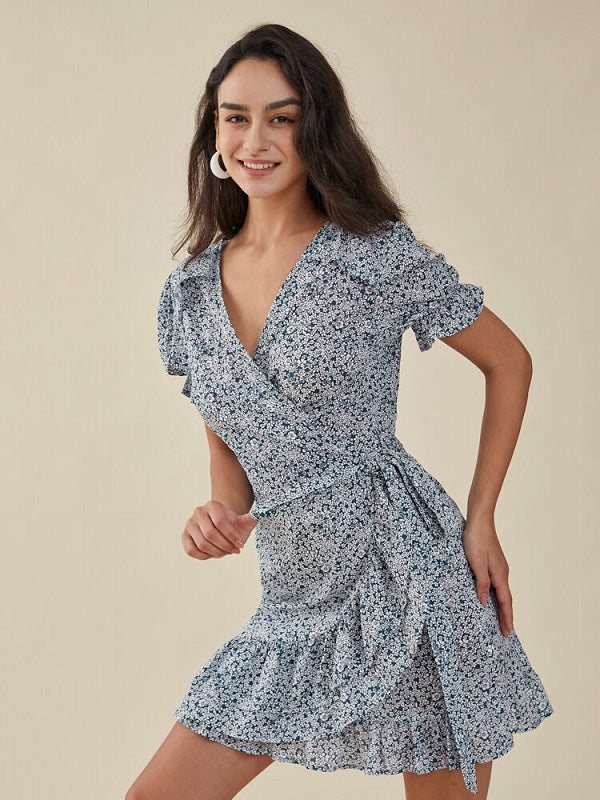 Floral Print Ruffle Knotted Puff Sleeve V-neck Dress