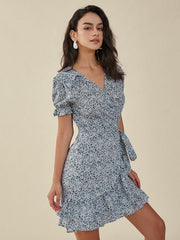 Floral Print Ruffle Knotted Puff Sleeve V-neck Dress