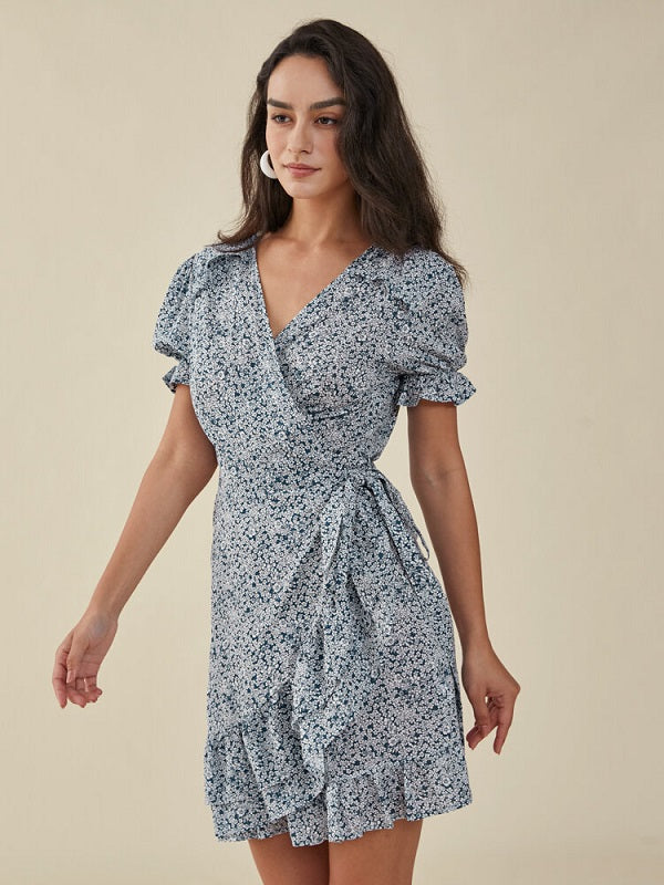 Floral Print Ruffle Knotted Puff Sleeve V-neck Dress