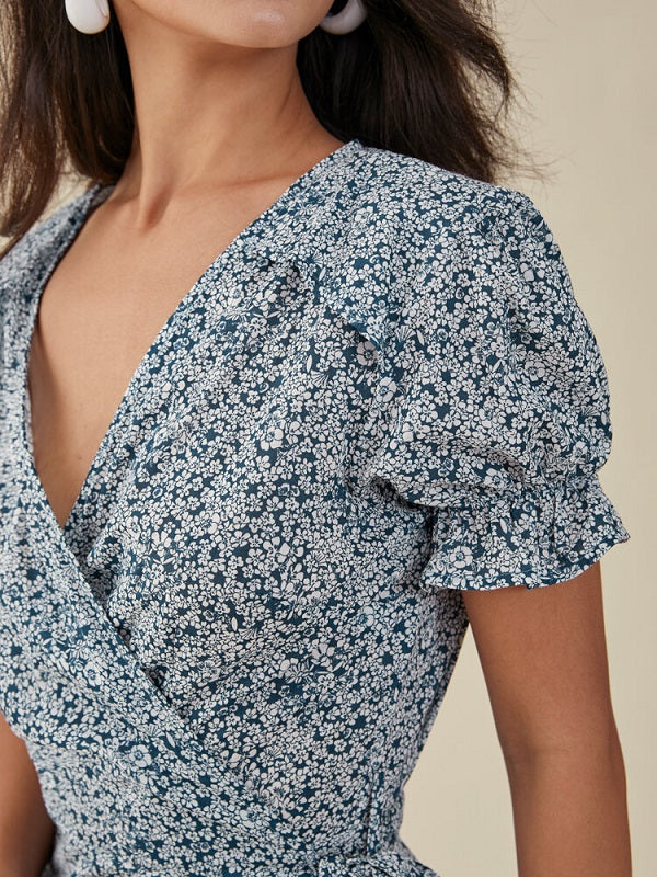 Floral Print Ruffle Knotted Puff Sleeve V-neck Dress