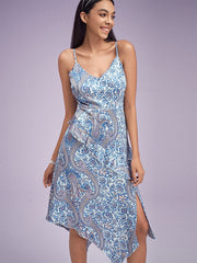 Floral Print Ruffle Open Back Hanky Slit Hem Dress