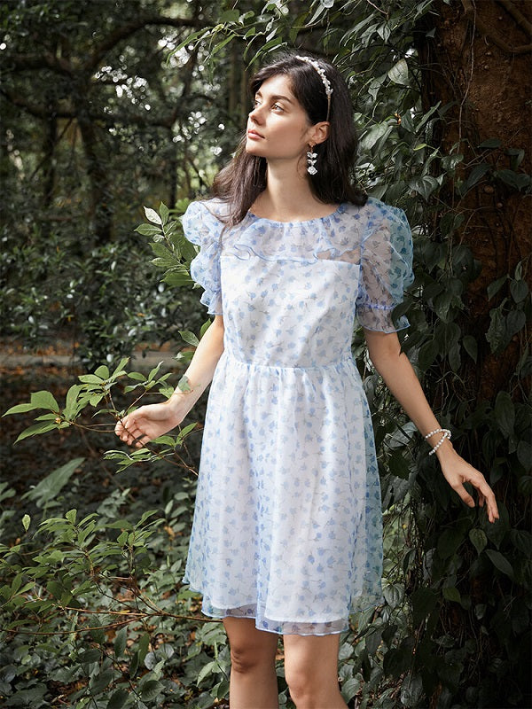Floral Print Ruffle Puff Sleeve Bowknot Back Dress